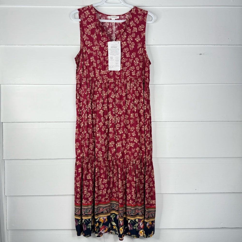 NWT BeachLunchLounge Red Floral Sleeveless Midi Dress Boho EcoVero Size Small - Picture 2 of 12